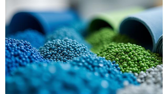 Close-up of recycled plastic pellets and textile fibers