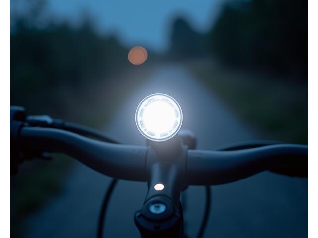 Bright LED bicycle headlight cutting through the dusk, mounted on handlebars for maximum visibility.