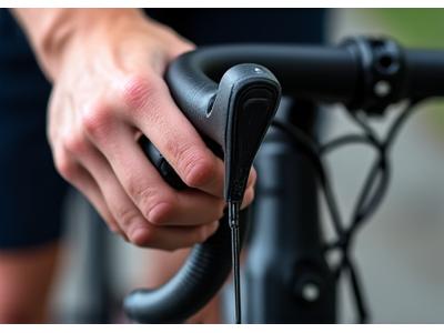 A hand adjusting brake levers on a road bike, showing attention to detail, symbolizing cycling tips.