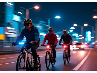 Group of cyclists riding through a lit urban area at night